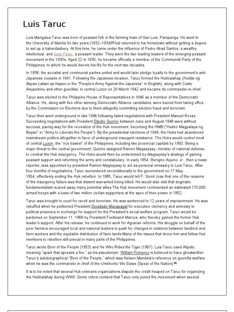 Luis Taruc: Hukbalahap Leader's Legacy | PDF | Violence