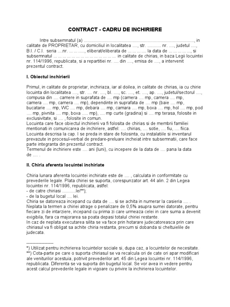 Model Contract Inchiriere Imobil