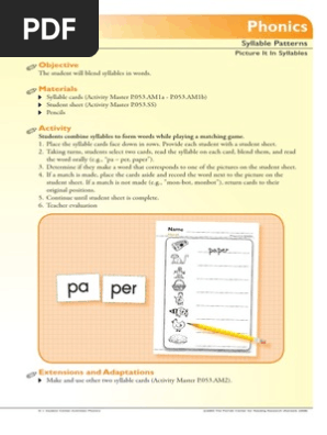 Kindergarten and 1st Grade Syllable Patterns and Morpheme