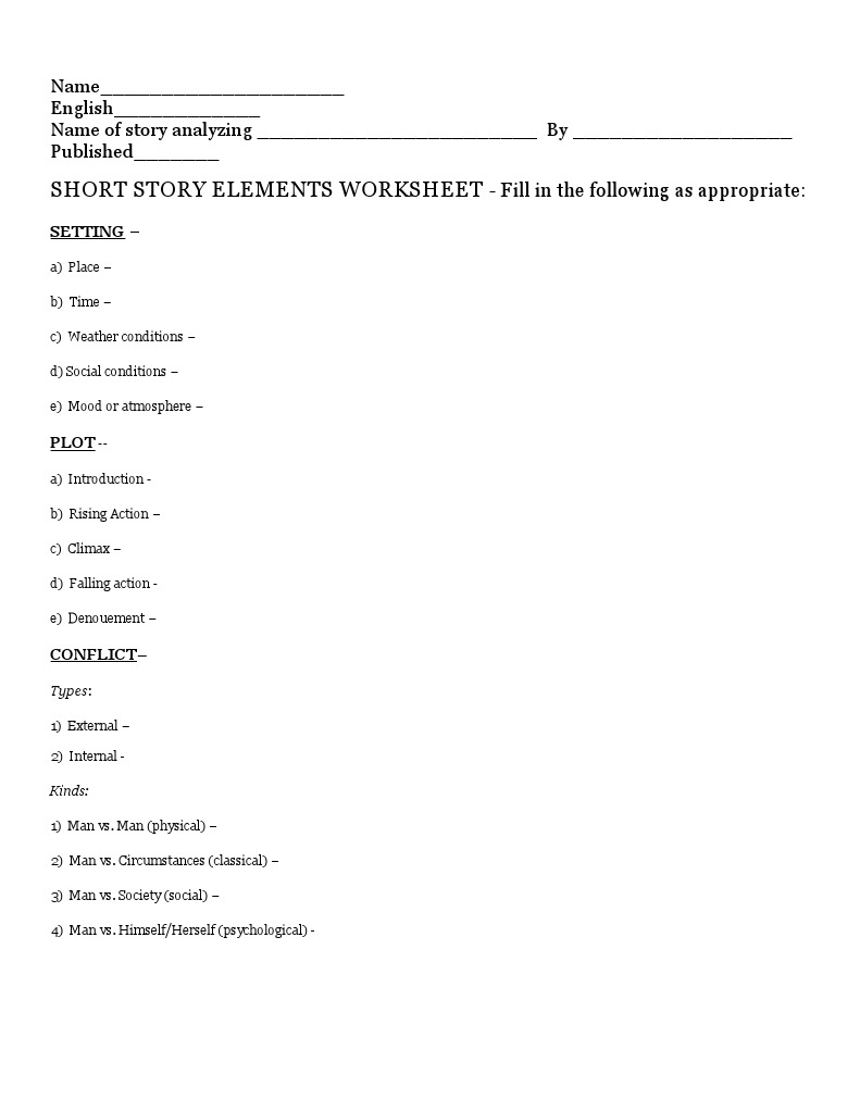 Short Story Elements Worksheet | PDF