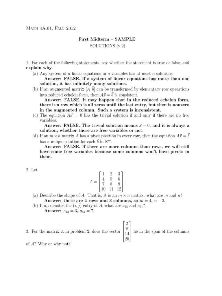 Midterm Solutions for Linear Algebra | PDF | System Of Linear Equations ...