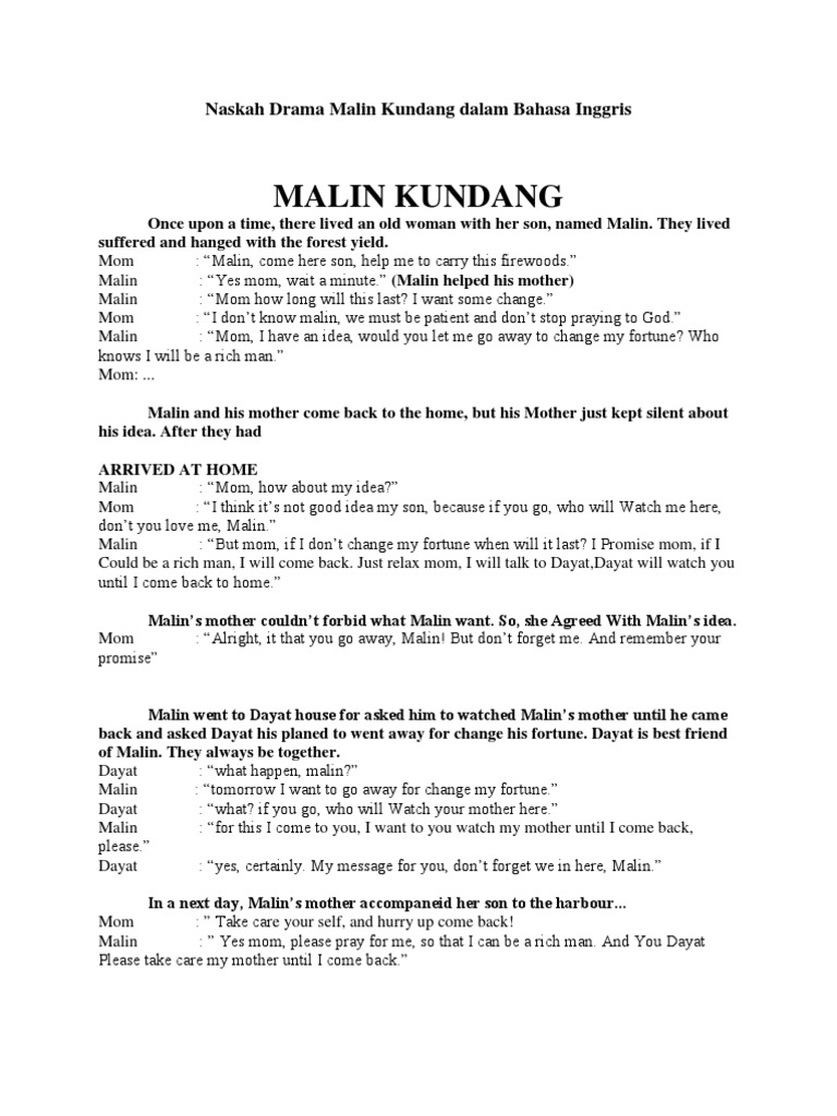 Naskah Drama Malin Kundang Dalam Bahasa Inggris 6 Orang Berbagai Naskah