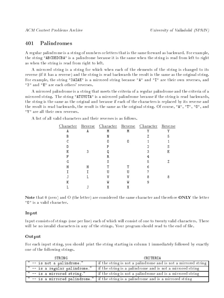 401 Palindromes: Input Output | PDF | Areas Of Computer Science ...
