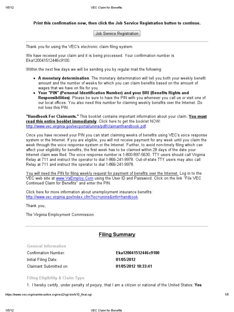 Virginia Employment Commission Claim for Benefits Security