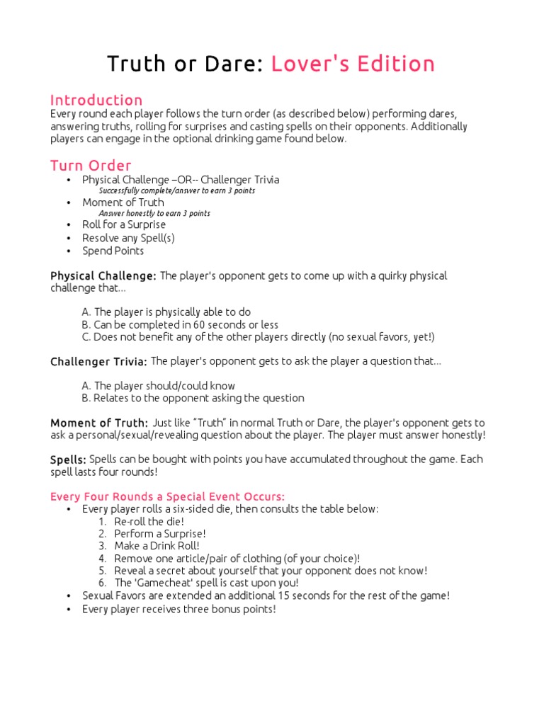 Truth or Dare: Lover's Edition Rules | PDF | Leisure