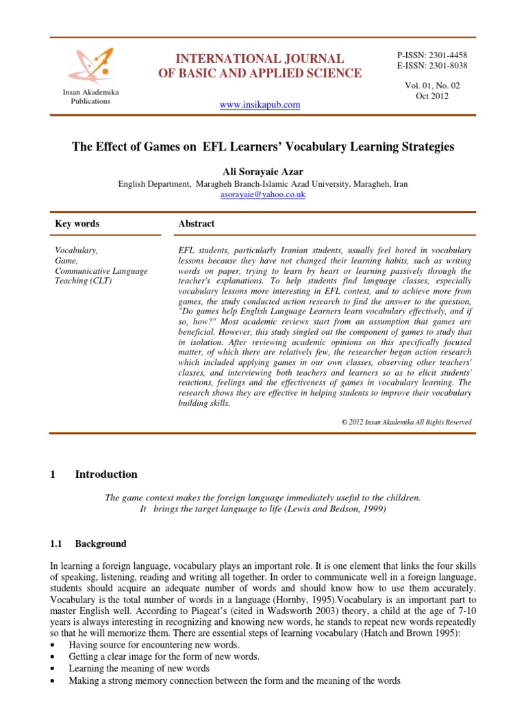 The Effect of Games On EFL Learners' Vocabulary Learning Strategies | PDF