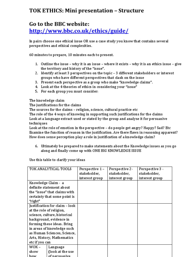 TOK Ethics Presentation Structure Guide | PDF | Knowledge | Theory Of ...