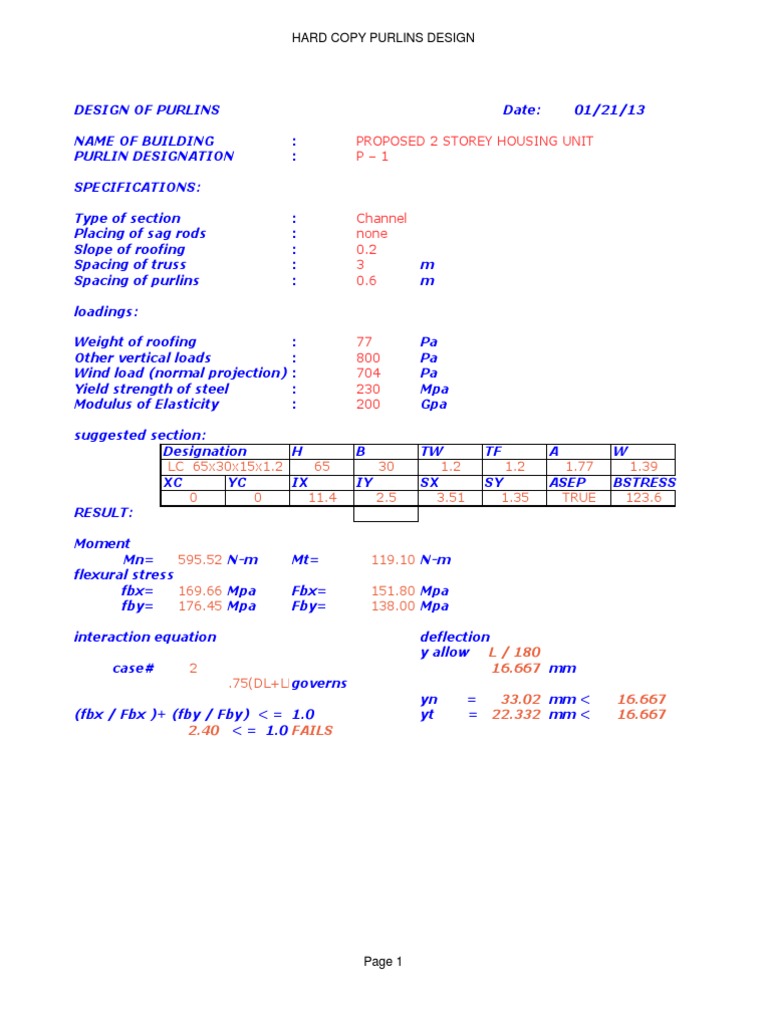 Purlin Design for Flat Roof Housing | PDF