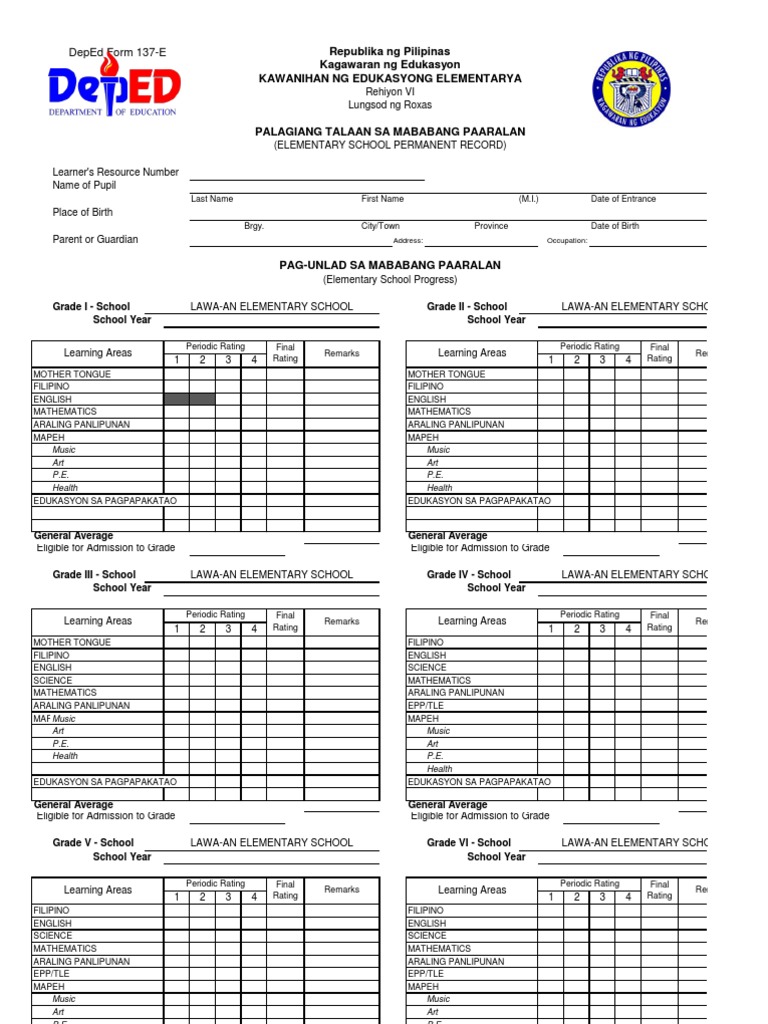 Deped Form 137 E Republika Ng Pilipinas Kagawaran Ng Edukasyon