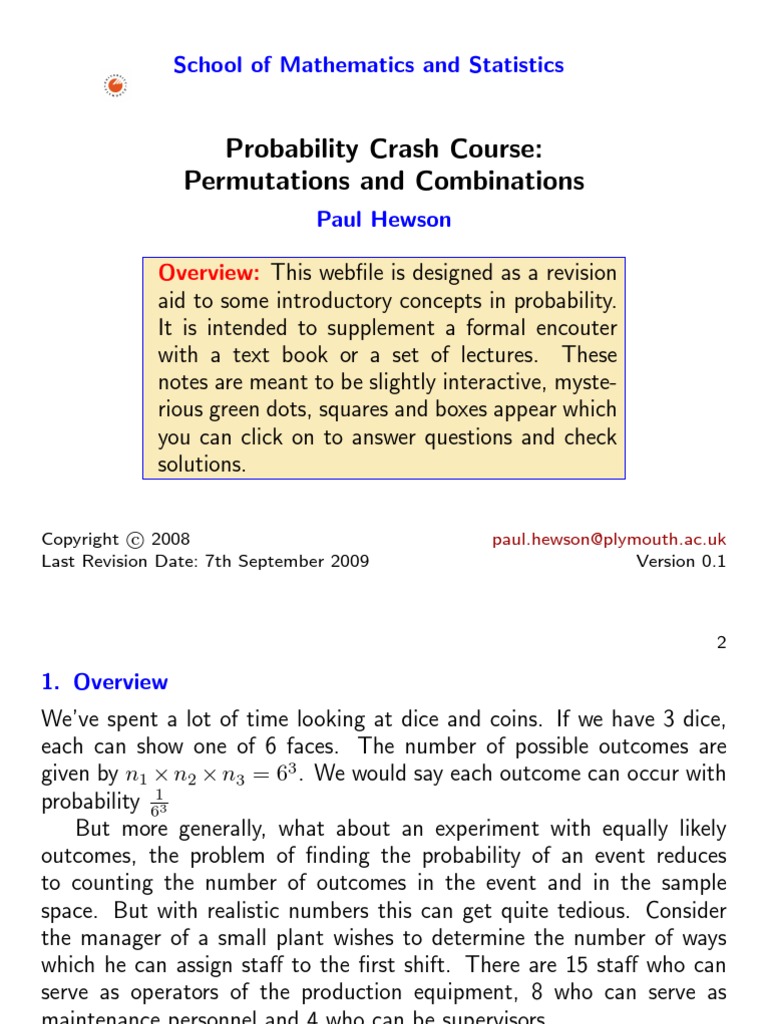 Probability Crash Course Permutations and Combinations School of