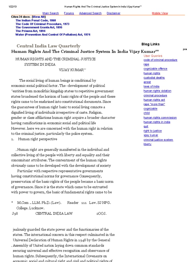 Human Rights in India's Criminal Justice | PDF | Criminal Procedure In ...
