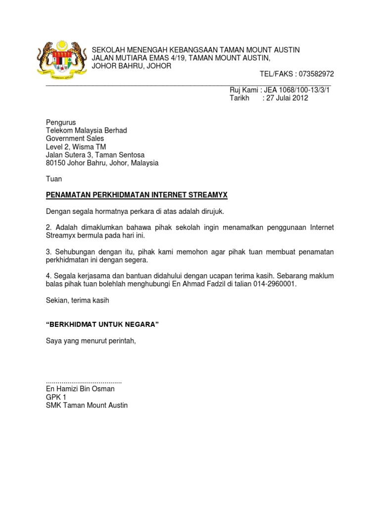 Contoh Surat Termination  Contoh Surat