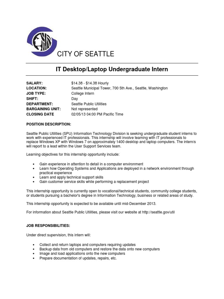 City of Seattle: IT Desktop/Laptop Undergraduate Intern | PDF ...