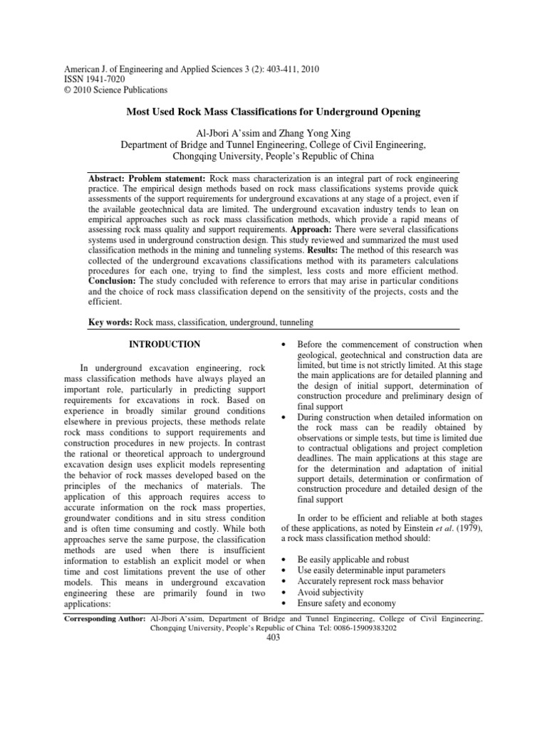 Rock Mass Classifications For Underground Opening | PDF | Strength Of ...