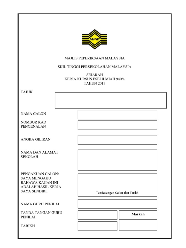 Borang Kulit Luar Kerja Kursus Pdf