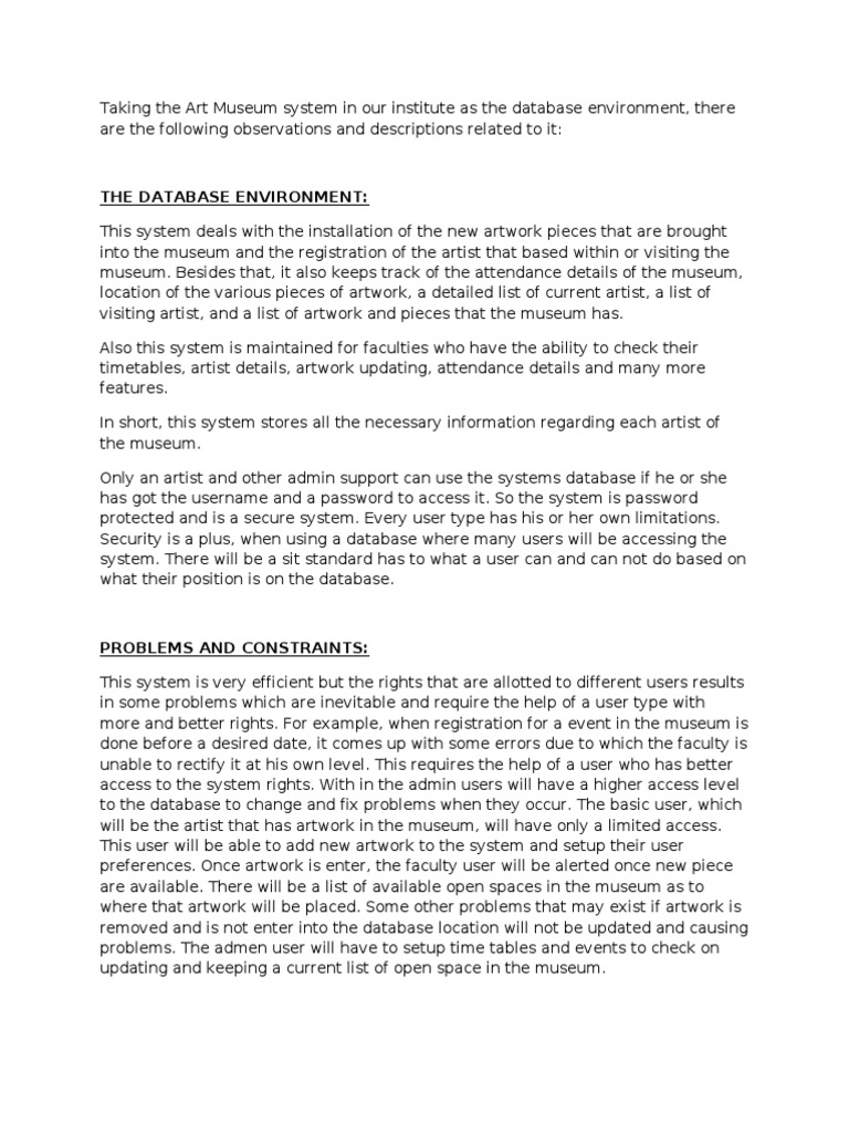 Art Museum Database Management System | PDF | User (Computing) | Databases