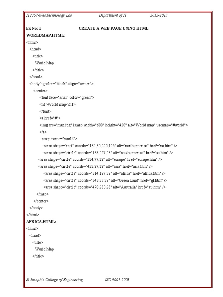 INTERNET PROGRAMMING LAB MANUAL | Html Element | Data Serialization Formats
