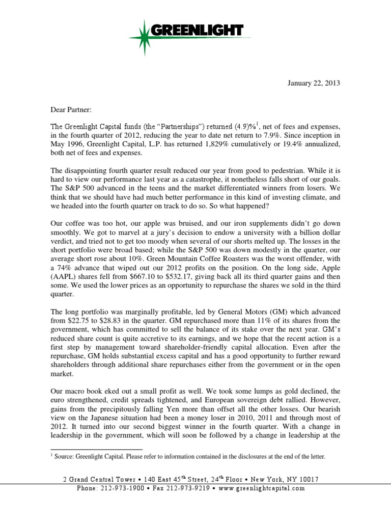 Greenlight Letter Q4 Verizon Communications Equity (Finance)