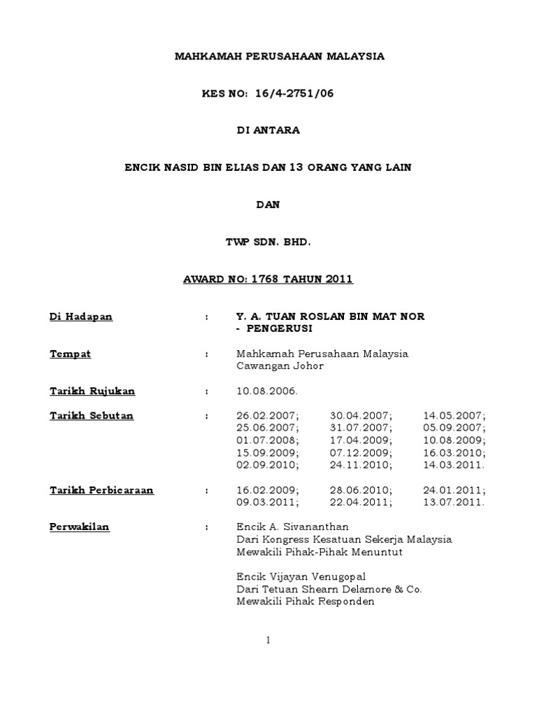 Award No 1768 Tahun 2011 No Kes 16 4 2751 06