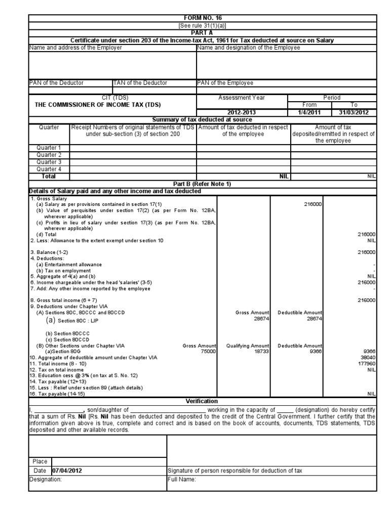 Form 16 , Tax deduction at source... tax of India Tax