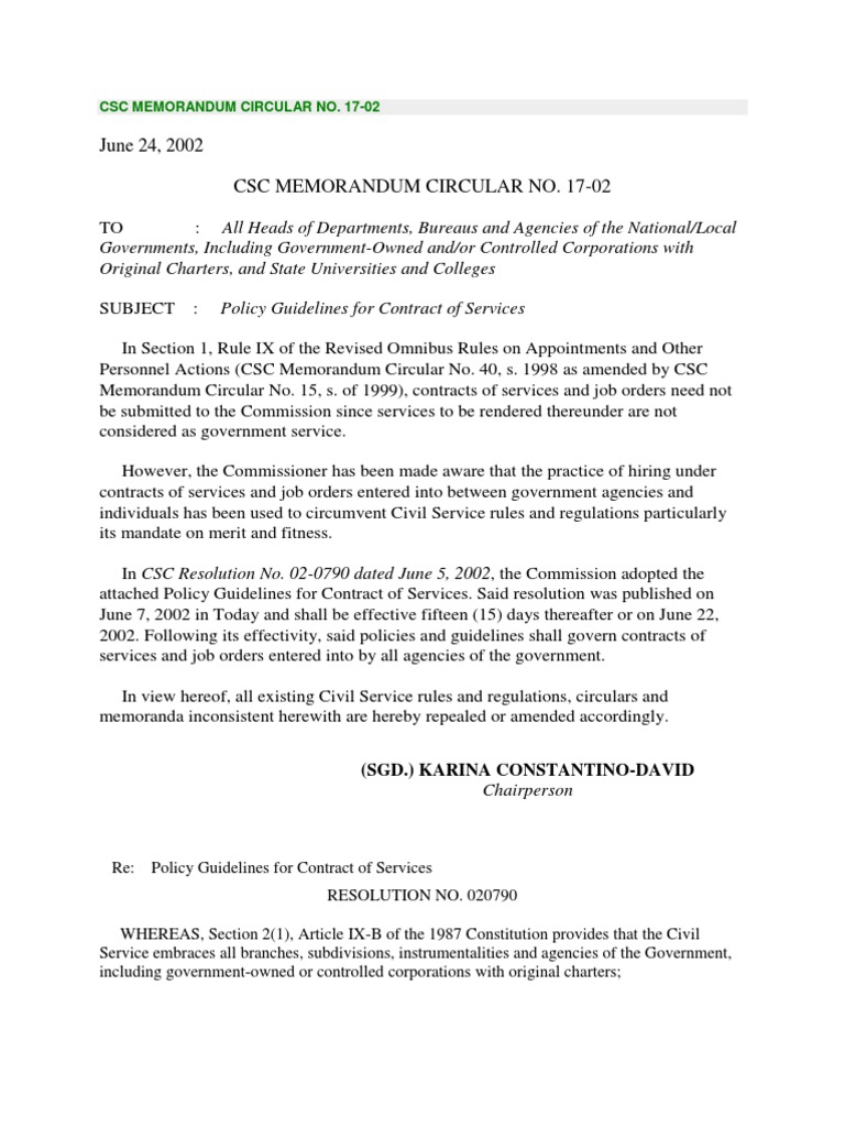 Policy Guidelines for Contract Services Csc Memorandum Circular No. 17