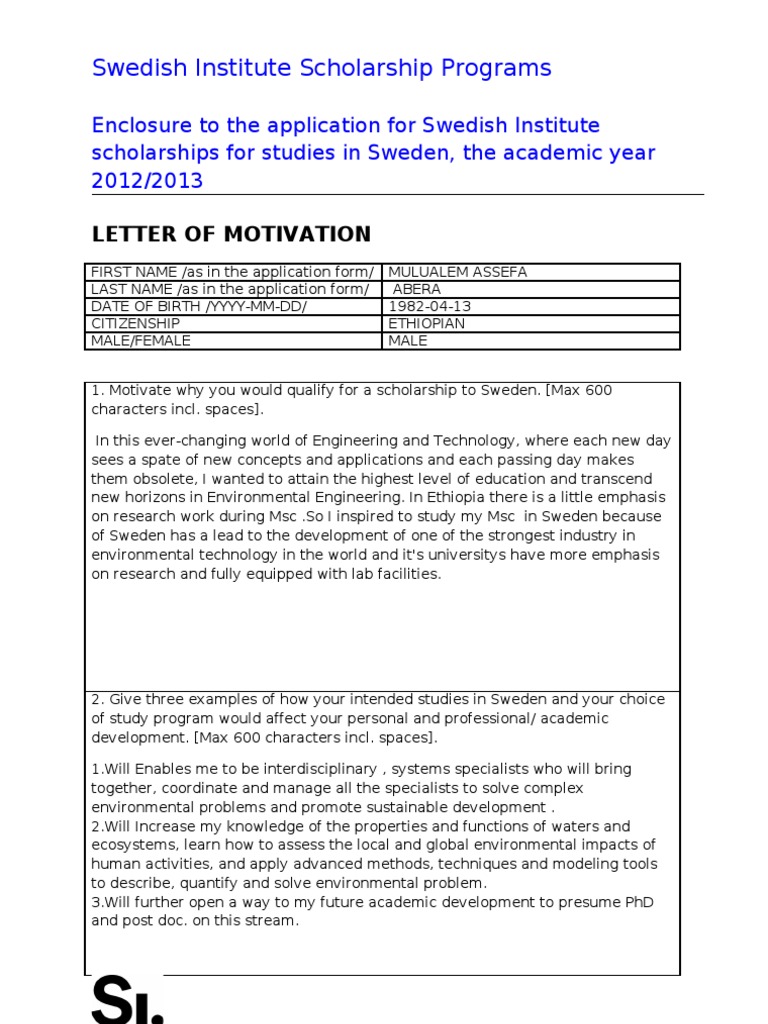 Motivation Letter For Si Study Scholarship 2012 2013 Environmental Issues Environmental Engineering