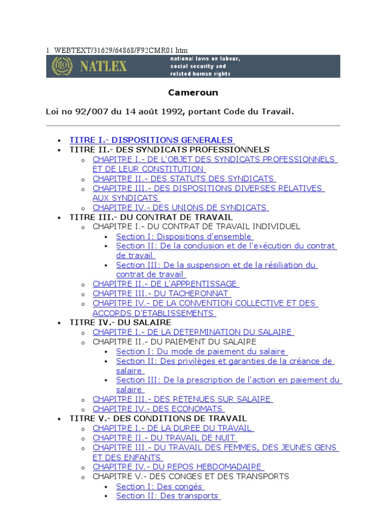 Code Du Travail Cameroun  Convention collective  Statuts