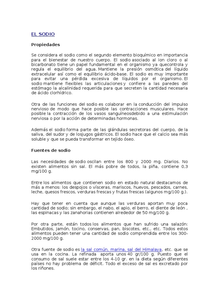 El Sodio | PDF | Potasio | Dieta y nutrición