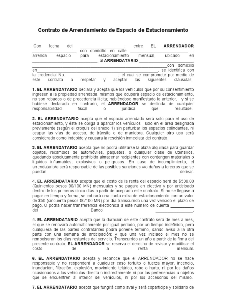 Contrato de Arrendamiento de Espacio de Estacionamiento