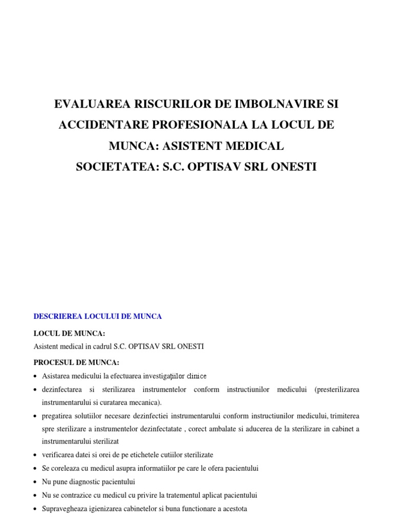 Evaluare Risc Asistent Medical | PDF