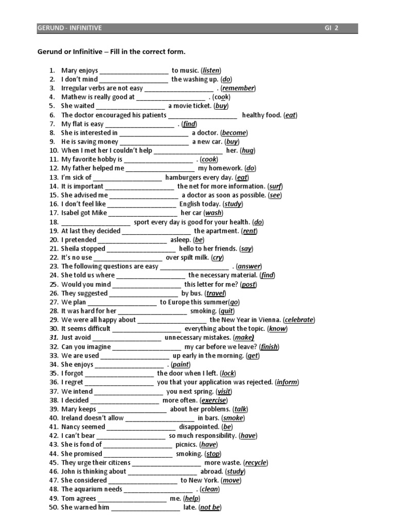 Gerund And Infinitive Exercises English Esl Worksheets For Distance Learning And Physical Classrooms