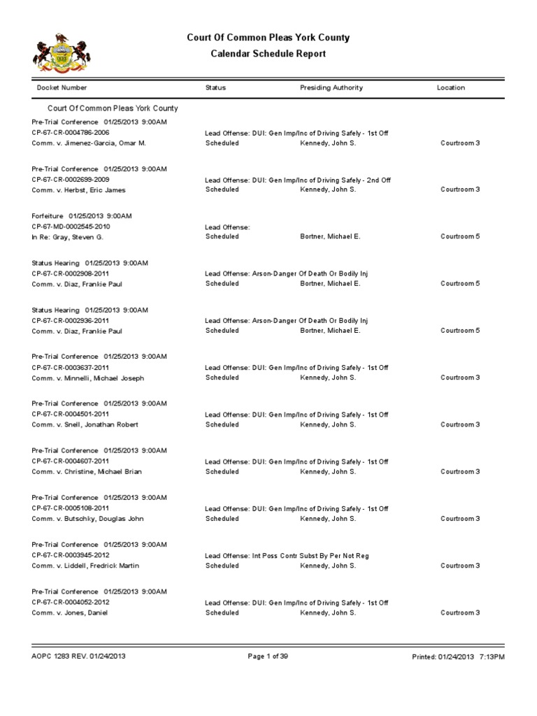 York County Court Schedule For Jan. 25 | PDF | Driving Under The Influence | Arraignment