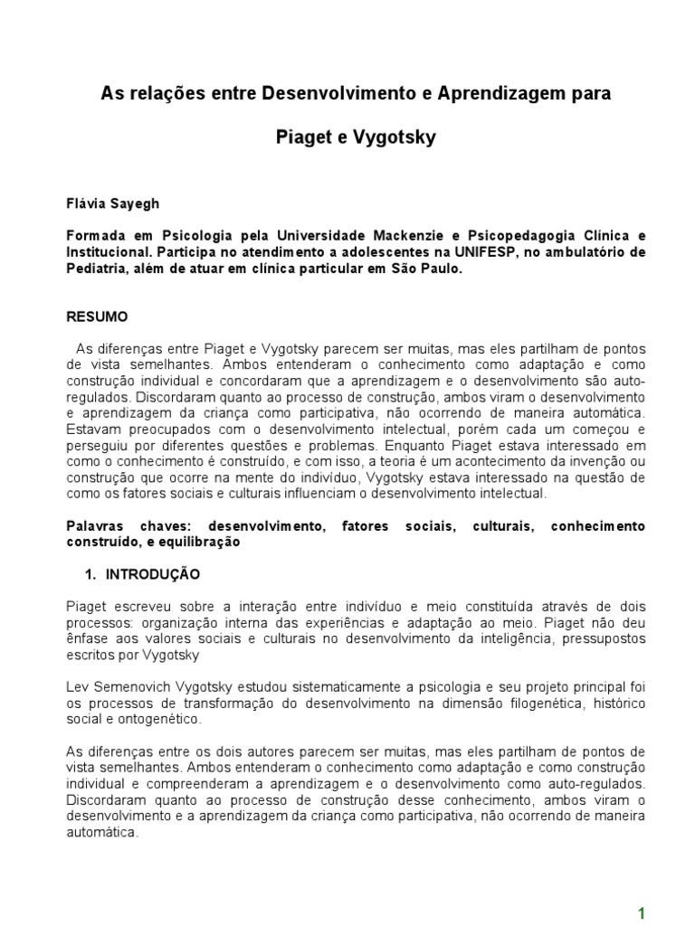 Desenvolvimento e Aprendizagem: Piaget e Vygotsky | PDF | Aprendizado ...