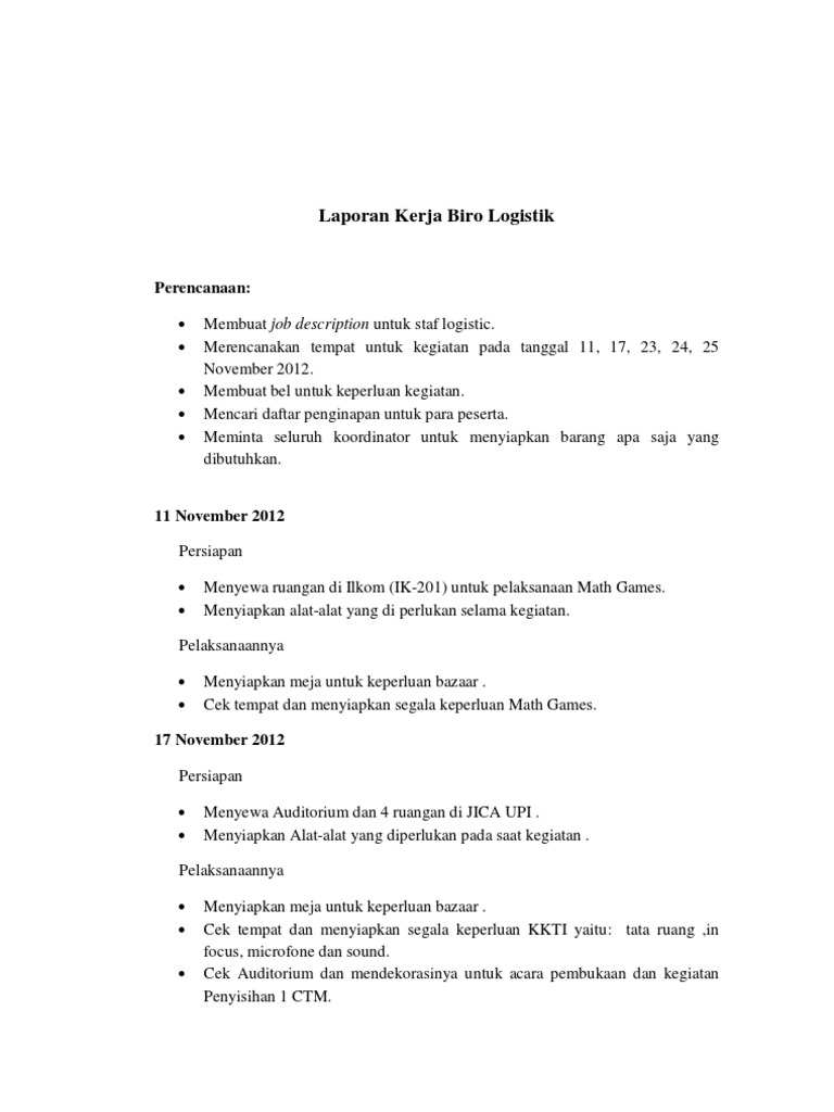Contoh Laporan Kerja Biro Logistik