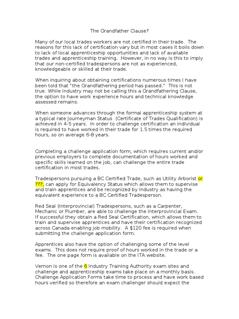 Grandfather Clause Apprenticeship Test (Assessment)