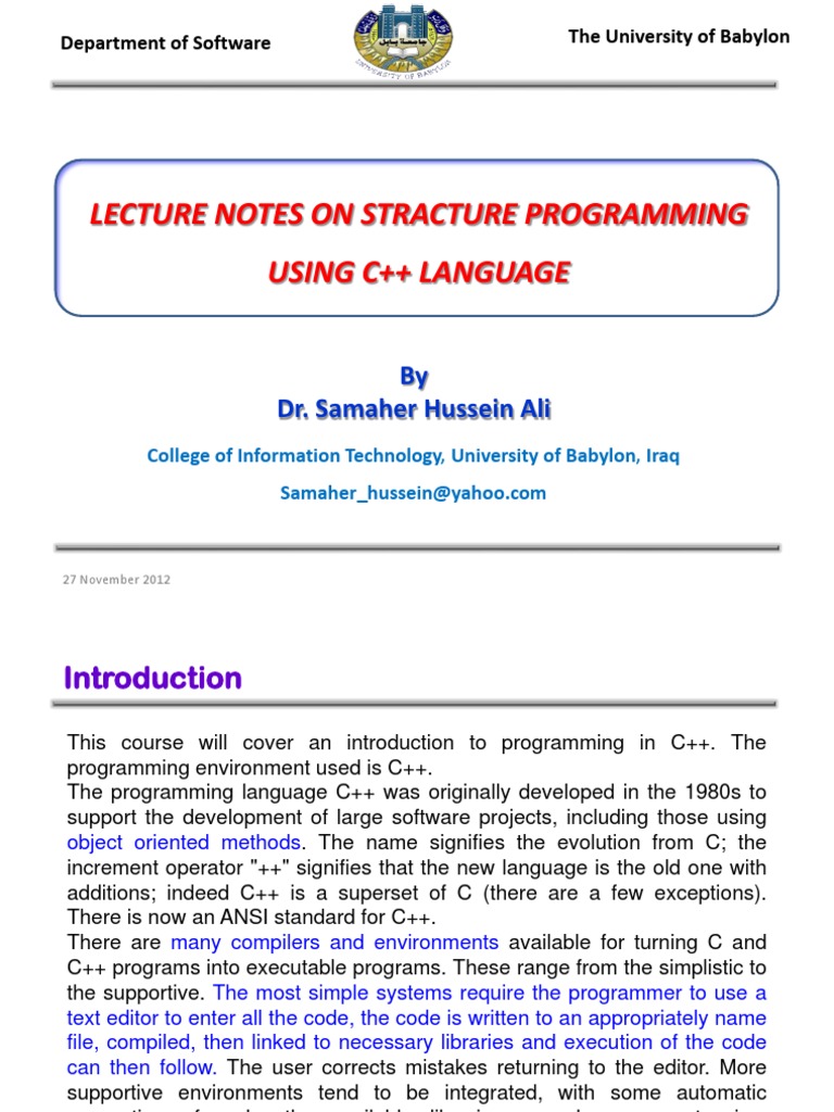 Lecture Notes On Stracture Programming Using C++ Language: by Dr ...