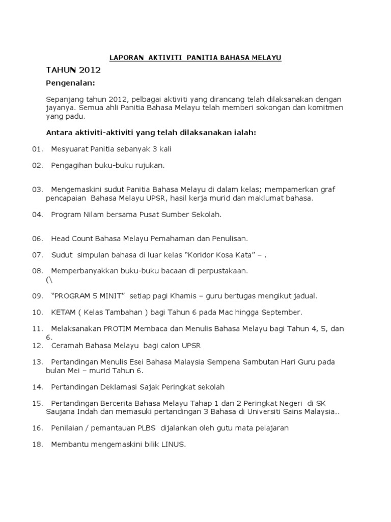Laporan Aktiviti Panitia Bahasa Melayu