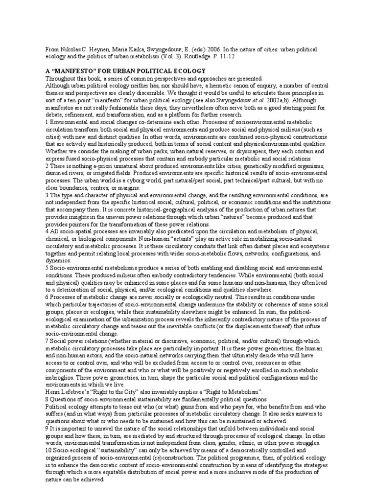 Manifesto for Urban Political Ecology | PDF | Ecology | Sustainability