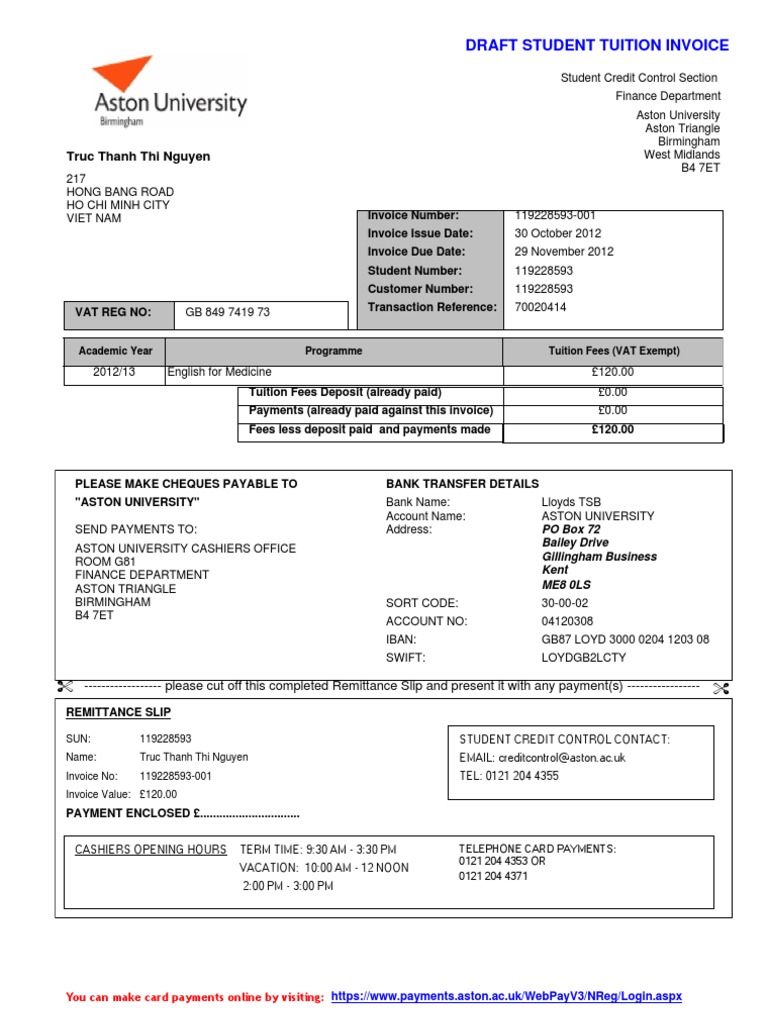 Aston University Tuition Invoice 2012 | PDF | Finance & Money Management