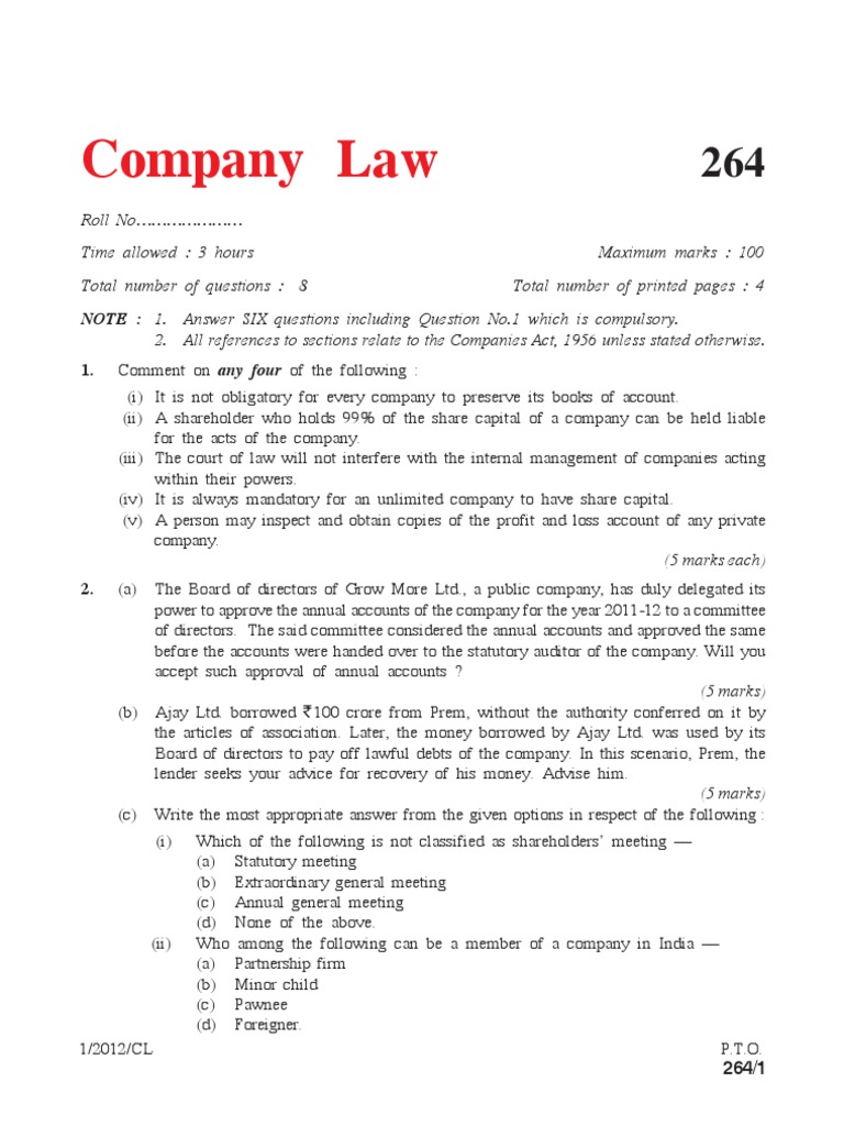 Company Law Exam Paper 2012 | PDF