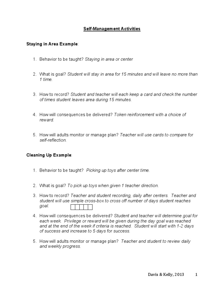 Self-Management Plan Examples | Teachers | Educational Psychology