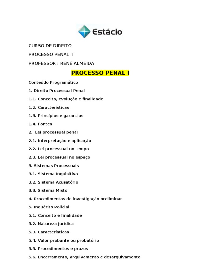 Processo Penal - Estácio | PDF | Procedimento criminal | Direito Penal