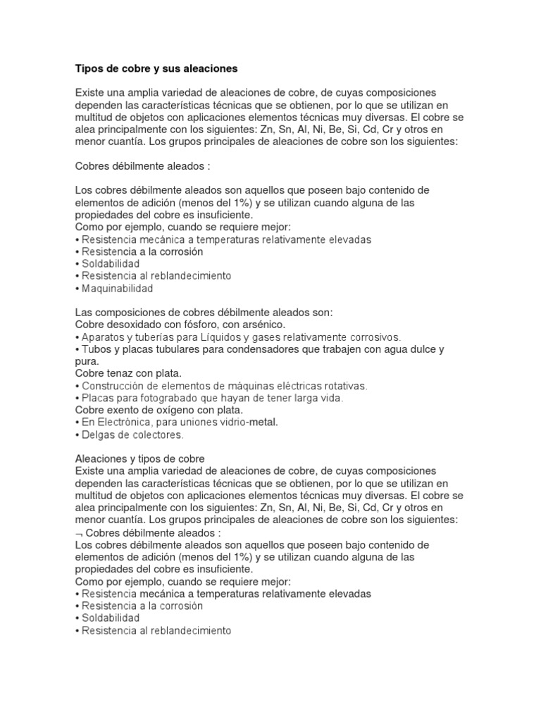 Tipos de Cobre y Sus Aleaciones | PDF | Cobre | Aleación