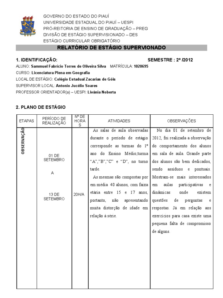 -Relatorio de Estagio Supervisionado 1 Atual | Lição | Middle Schools