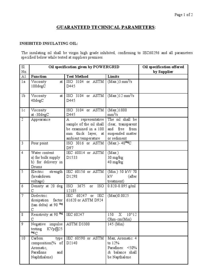 Guaranteed Technical Parameters:: Inhibited Insulating Oil | PDF ...
