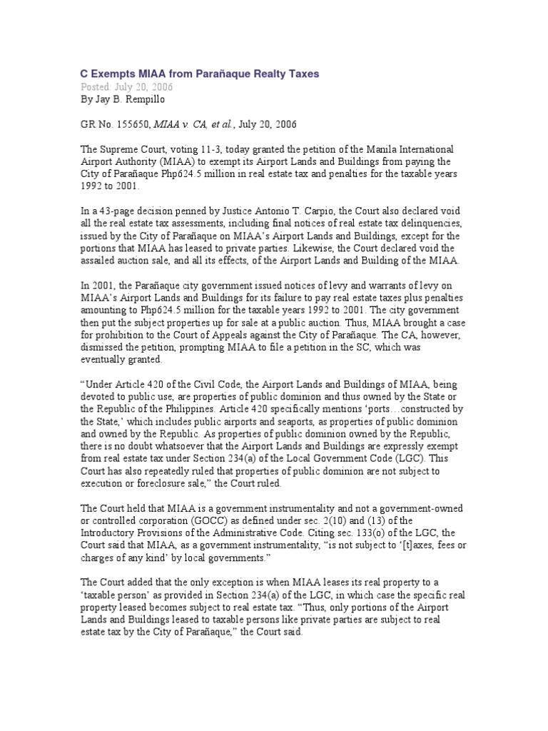 Posted July 20, 2006 C Exempts MIAA From Parañaque Realty Taxes