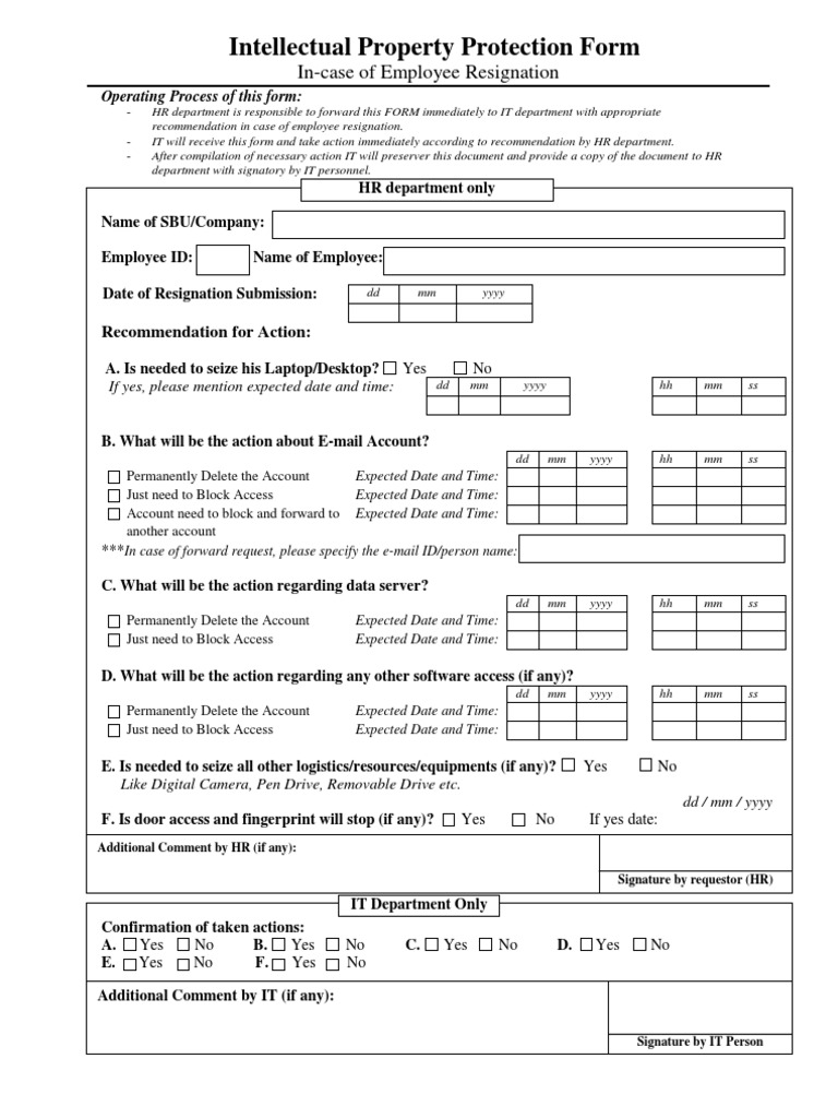 Intellectual Property Protection Form: In-Case of Employee Resignation ...