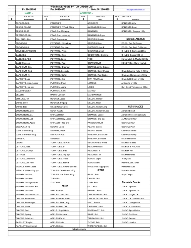 Westside Vegie Patch Order List | PDF | Edible Plants | Vegan Cuisine