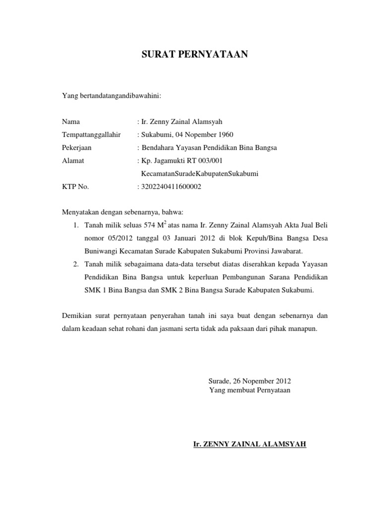 Contoh Surat Pernyataan Penyerahan Tanah Mosaicone