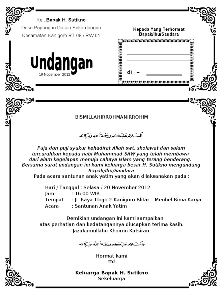 Contoh Surat Undangan Anak Yatim